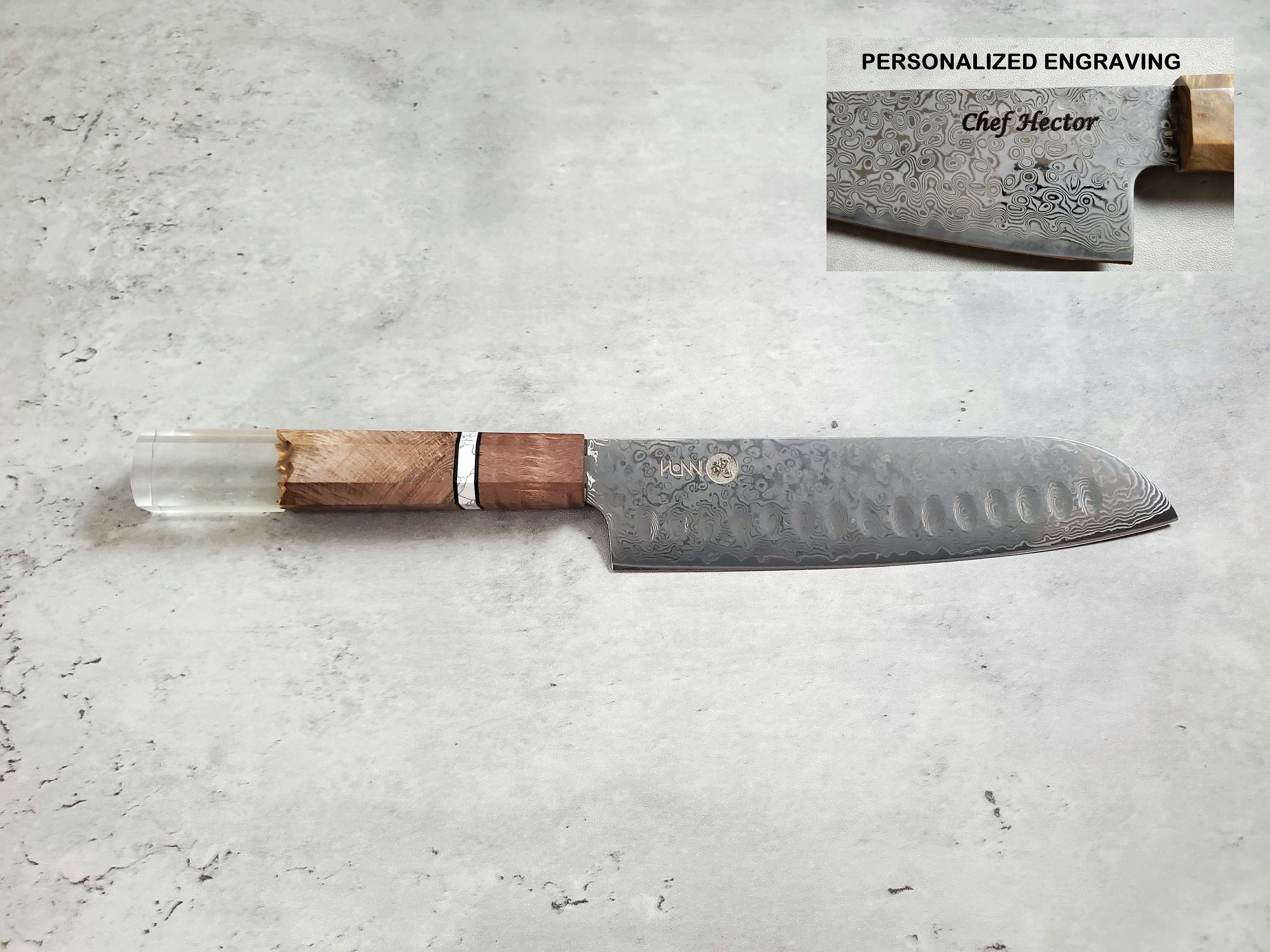 HONN Chef Knife Santoku 7 inch blade Damascus (Transparent)