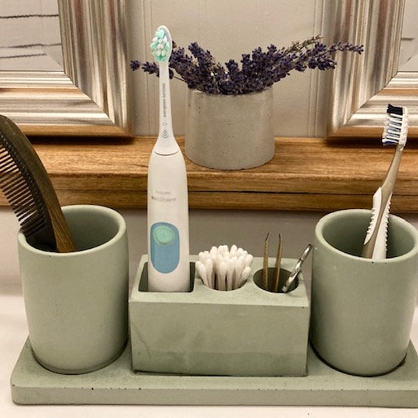 Bathroom Accessories Set  - Soap Dispenser not included, Concrete  Bathroom Organizer, Toothbrush Holder, Industrial Bathroom Set