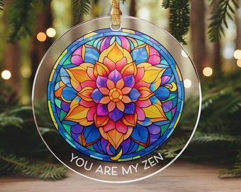 Colorful Mandala Ornament, Clear Acrylic Zen Sentiment Ornament, Modern Boho Christmas Decor, Stained Glass Simulated Ornament