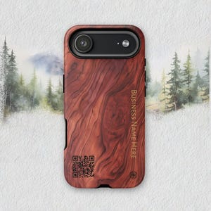 May include: A phone case with a wood grain design. The case is a reddish-brown color and features the text "BUSINESS NAME HERE" in a vertical orientation. A QR code and a compass rose are also visible on the case.