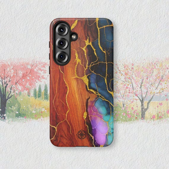 Colorful Phone Case: Kintsugi-Woodgrain, Faux Ink Art & Gold Vein Gift for Artist, iPhone, Samsung and Google Styles, Now in Samsung S26