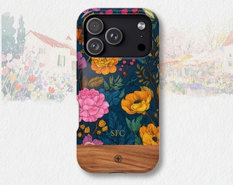 Floral MagSafe® Friendly Phone Case, Personalized Botanical Case, Vintage Flower Wood Look Custom Cover, Fits iPhone