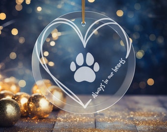 Dog Paw Print Glass Ornament, Always in Our Hearts, Pet Ornament for Dog Owner