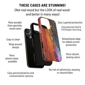 Puede incluir: Vista explosionada de una funda de tel&eacute;fono con dise&ntilde;o de vetas de madera. La funda est&aacute; hecha de una carcasa de policarbonato y un forro de goma TPU. La funda tiene un borde biselado elevado para la protecci&oacute;n de la pantalla.