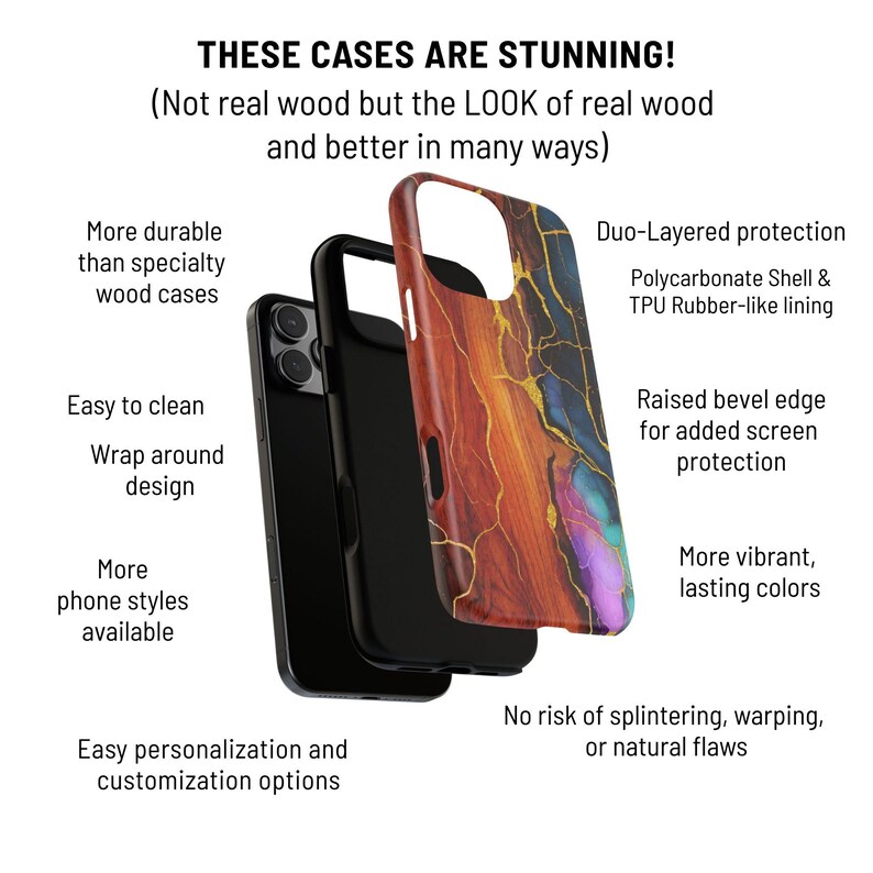 Puede incluir: Vista explosionada de una funda de tel&eacute;fono con dise&ntilde;o de vetas de madera. La funda est&aacute; hecha de una carcasa de policarbonato y un forro de goma TPU. La funda tiene un borde biselado elevado para la protecci&oacute;n de la pantalla.