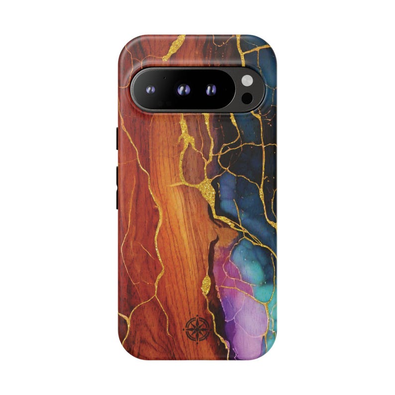 Funda para teléfono colorida: Kintsugi-Madera, Arte con tinta simulada y vetas doradas. Regalo para artistas. Estilos para iPhone, Samsung y Google. Ahora disponible para Samsung S26. imagen 11