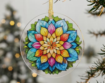 Colorful Mandala Ornament, Clear Acrylic, Modern Boho Christmas Decor, Stained Glass Simulated Ornament