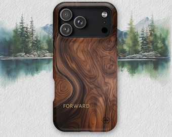 May include: A wooden phone case with a natural wood grain pattern. The case has a dark brown border and features the word "FORWARD" in gold lettering. A compass rose is at the bottom right.