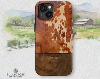 Western Tough Case for MagSafe® iPhone, Personalized Phone Cover, Faux Cowhide & Wood Print, Styles in 13, 14, 15, 16, 17