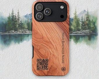 Customizable Business Tough Phone Case, Faux Cedar, Custom QR Code Gift, Business Accessories, fits iPhone Pro Max, Samsung Galaxy