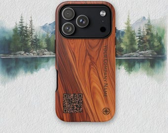 Custom QR Code Tough Case, Faux Teak Wood, Personalized Business Name Phone Accessory, Fits iPhone, Samsung Case