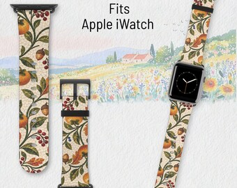 Italian Mosaic Watch Band, Persimmon Botanical Fall Apple Watch Compatible Strap, Autumn Orchard Faux Leather Band