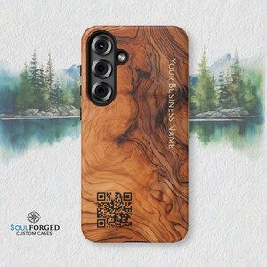 Business Customized, Olivewood Patterned, Tough Phone Case,  Custom Text, QR Code Business Accessory, fits iPhone (+Pro Max) & Samsung Cases