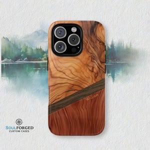 May include: A wooden phone case with a unique grain pattern, featuring a diagonal dark wood accent and the name "WILLIAM". The case has a natural wood finish and a camera cutout.