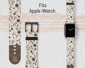 Floral Watch Band, Dark Floral Strap in Faux Leather, Fits Apple Watch 38-45mm, Cottagecore Gift for Her French Country Style