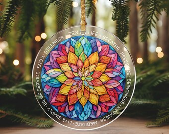 Colorful Mandala Ornament, Clear Acrylic Zen Ornament, Modern Boho Christmas Decor, Stained Glass Simulated Sun Catcher, Spiritual Sentiment