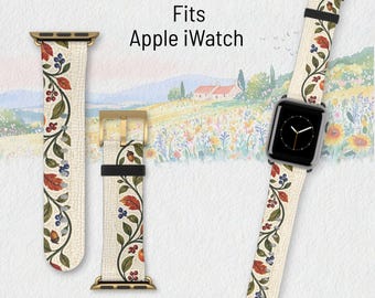 Persimmon Mosaic Watch Band, Italian Botanical Fall Apple Watch Compatible Strap, Autumn Orchard Faux Leather Band