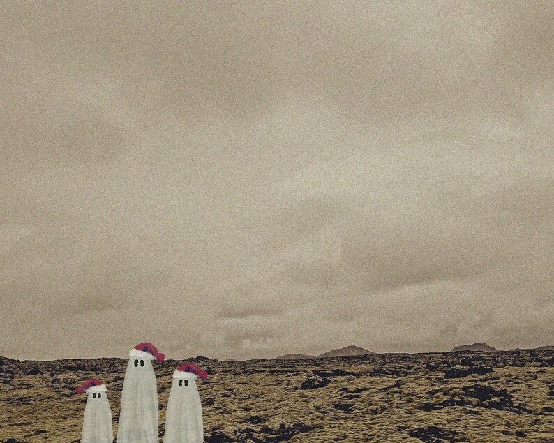 May include: Three white ghosts wearing red Santa hats stand in a barren, rocky landscape. The sky is overcast and gray.
