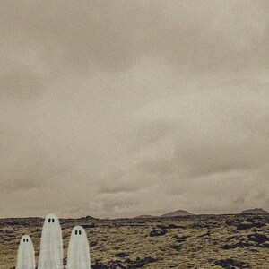 May include: Three white ghosts standing in a field of brown and green moss. The sky is a light gray with a few clouds.