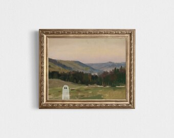 May include: A framed painting of a landscape with a ghost in the foreground. The painting depicts a valley with rolling hills and trees in the distance. The sky is a soft pink and orange.