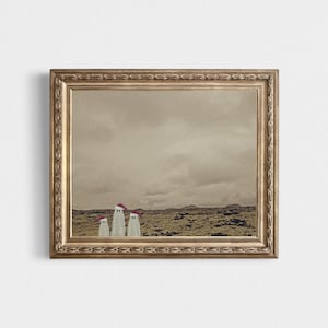 May include: A framed photograph of three white ghosts wearing red hats standing in a desolate landscape. The photo is in a gold frame with ornate detailing.
