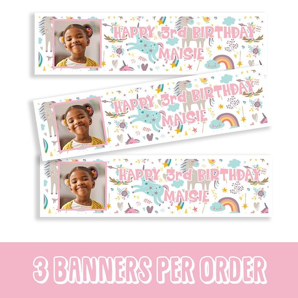 B006 - 3 x Unicorn & Rainbow Personalised or Non Personalised Birthday Banner / personalised age and name