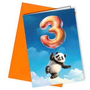 Carte d'anniversaire 3 ballon panda dans le ciel / 3e anniversaire # 1695