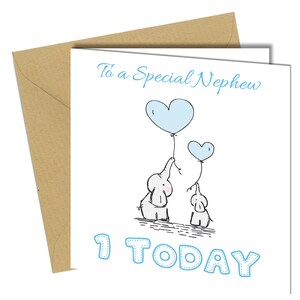 Tarjeta especial para el primer cumpleaños de un sobrino / Lindos elefantes / Niño de 1 año n.° 1412