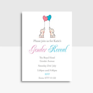 Invitaciones personalizadas para revelar el género del bebé / Elefantes / Paquete de 10 con sobres