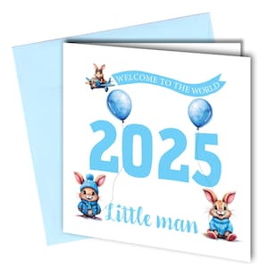 Welkom op de wereld kleine man gefeliciteerd kaart / pasgeboren konijntje blauw #1820