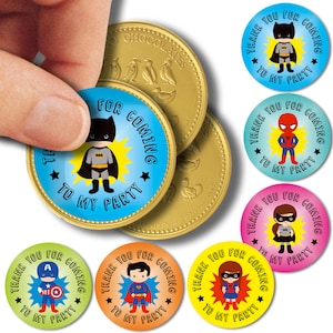 x35 Adesivos de logotipo de moeda de chocolate de super-herói | Obrigado por vir à minha festa de aniversário Etiquetas | Crianças 37 mm