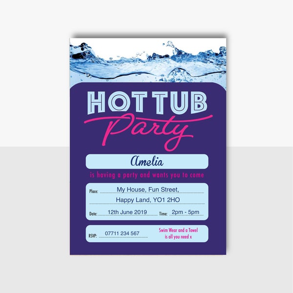 Hot Tub Personalised Birthday Party Invites Pack of 10 Invitations