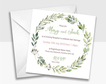 Personalised Wedding Invites | Green flower wreath | Pack of 10 with envelopes | 150x150mm