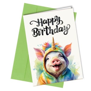 Cartão de aniversário em aquarela de unicórnio de leitão / Filha, sobrinha, amiga #1680