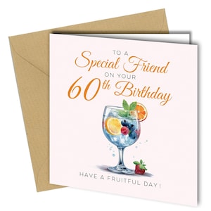 Biglietto d'auguri per il 60° compleanno / Amico speciale / Messaggio scritto personalizzato / Umorismo divertente sul gin / Barzelletta n. 1749
