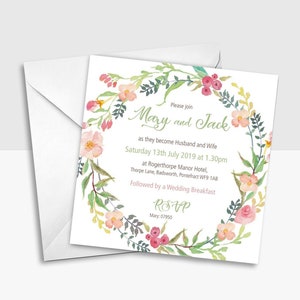 Personalised Flowers Wedding Invites Pack of 10 with envelopes 150x150mm