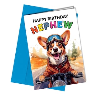 Joyeux anniversaire neveu / carte d'anniversaire amusante pour neveu / motard corgi chien #1802