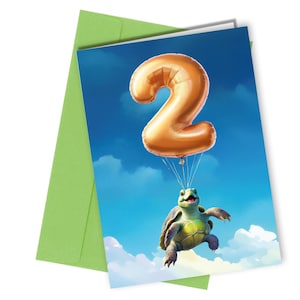 Carte d'anniversaire ballon tortue numéro 2 dans le ciel / carte 2e anniversaire #1694