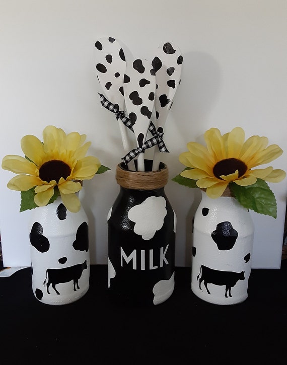 Cow Print Decorative Milk Jars Sunflowers Cows Black and Etsy
