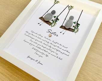 Arte de guijarros para hermanas, arte de guijarros familiar, regalo para hermanas, regalo de cumpleaños para hermanas, marco para hermanas, columpio de árbol, marco de guijarros, regalo personalizado para hermanas.