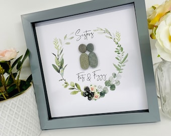 Marco de guijarros de hermanas, regalos personalizados, regalos de hermanas, regalos familiares, arte familiar de guijarros, familia de guijarros, regalo hecho a mano, regalo para hermana,
