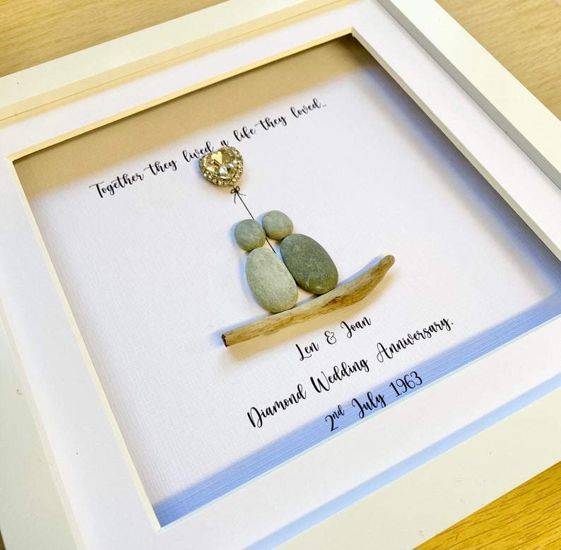 Diamond Wedding Anniversary Pebble Frame, Gepersonaliseerde Verjaardag Pebble Frame, Huwelijksverjaardag cadeau, Cadeau voor grootouders, Huwelijksgeschenken afbeelding 3