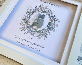 Puede incluir: Una imagen enmarcada en blanco con una corona floral de acuarela y dos figuras de guijarros grises en su interior. El texto "Mr & Mrs Anderson" está en la parte superior de la imagen. El texto "Love, laughter & happily ever after... Saturday 17th June 2023" está en la parte inferior de la imagen.