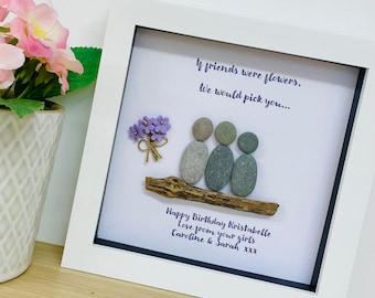 Regalo enmarcado de guijarros para amigos, regalos de arte de guijarros, regalos personalizados, arte de guijarros para amigos, regalo de cumpleaños para amigos, flores, regalo para el mejor amigo.