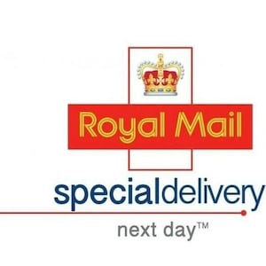 May include: Royal Mail Special Delivery logo with a red and yellow banner, a gold crown, and the text "next day™".