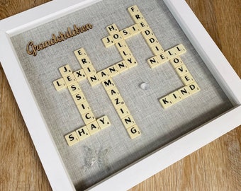 Art de Scrabble en famille | Cadre photo personnalisé | Cadre boîte de scrabble | Cadeau personnalisé pour les parents | Idées cadeaux de Noël pour les parents