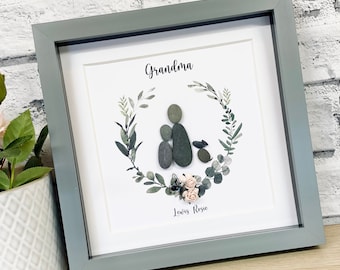 Marco de piedras para la abuela, flores para mamá, Día de la Madre, marco de piedras para la abuela, regalos personalizados, piedras familiares, regalo de cumpleaños para mamá, regalo para mamá.