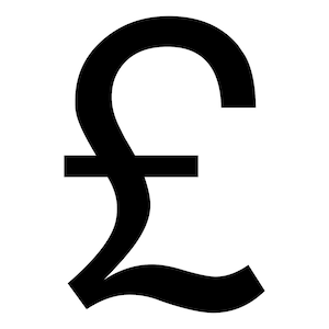 May include: A black pound sterling symbol, a currency symbol used in the United Kingdom.