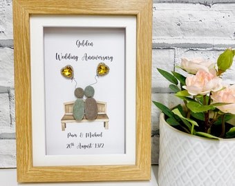 Golden Wedding Anniversary pebble Art, Golden Wedding Gift Ideas, Personalised Anniversary Pebble Frame, Personalised 50th Anniversary gift