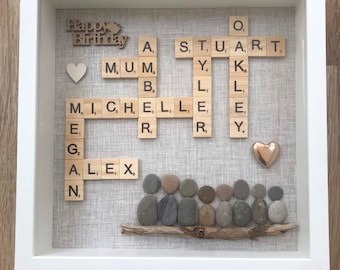 Scrabble Pebble art family, Pebble Art Frame, Personalised Gift Scrabble Frame, Handmade Gift for Family, New Home Gift, Christmas Gifts